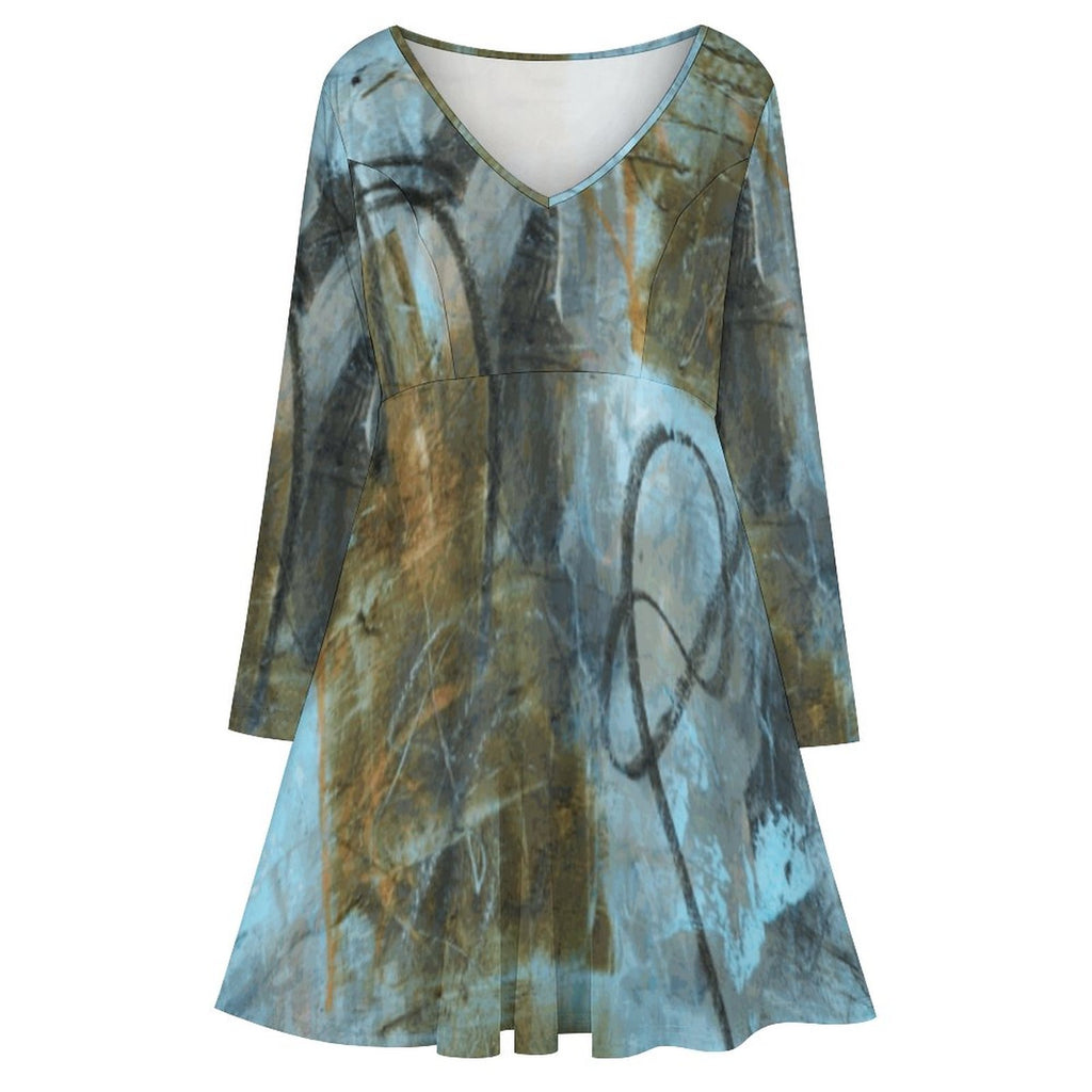 Plus Size V-neck Long Sleeve Dress(All-Over Printing)
