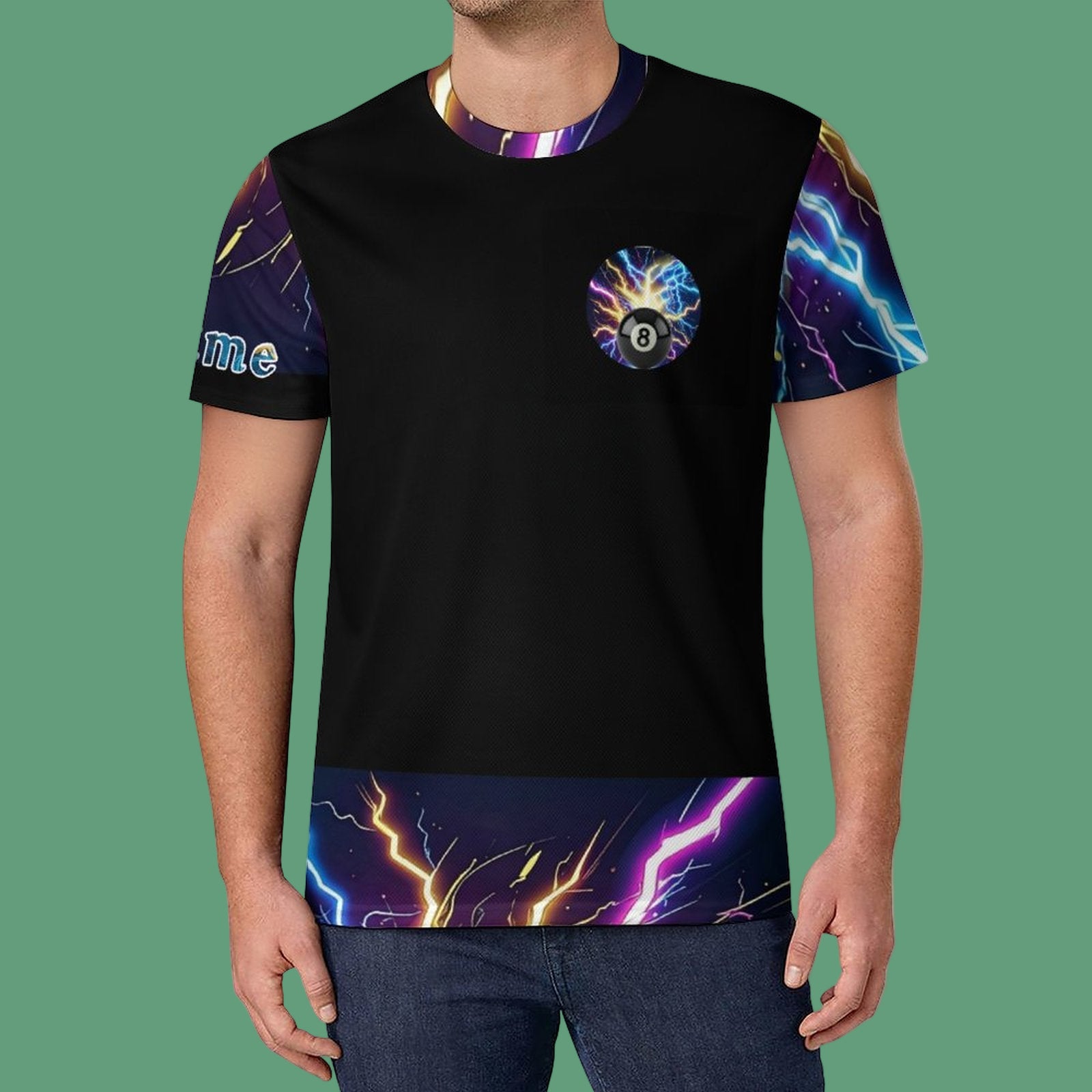 Black t-shirt with colorful designs on sleeves and bottom, worn by a person.
