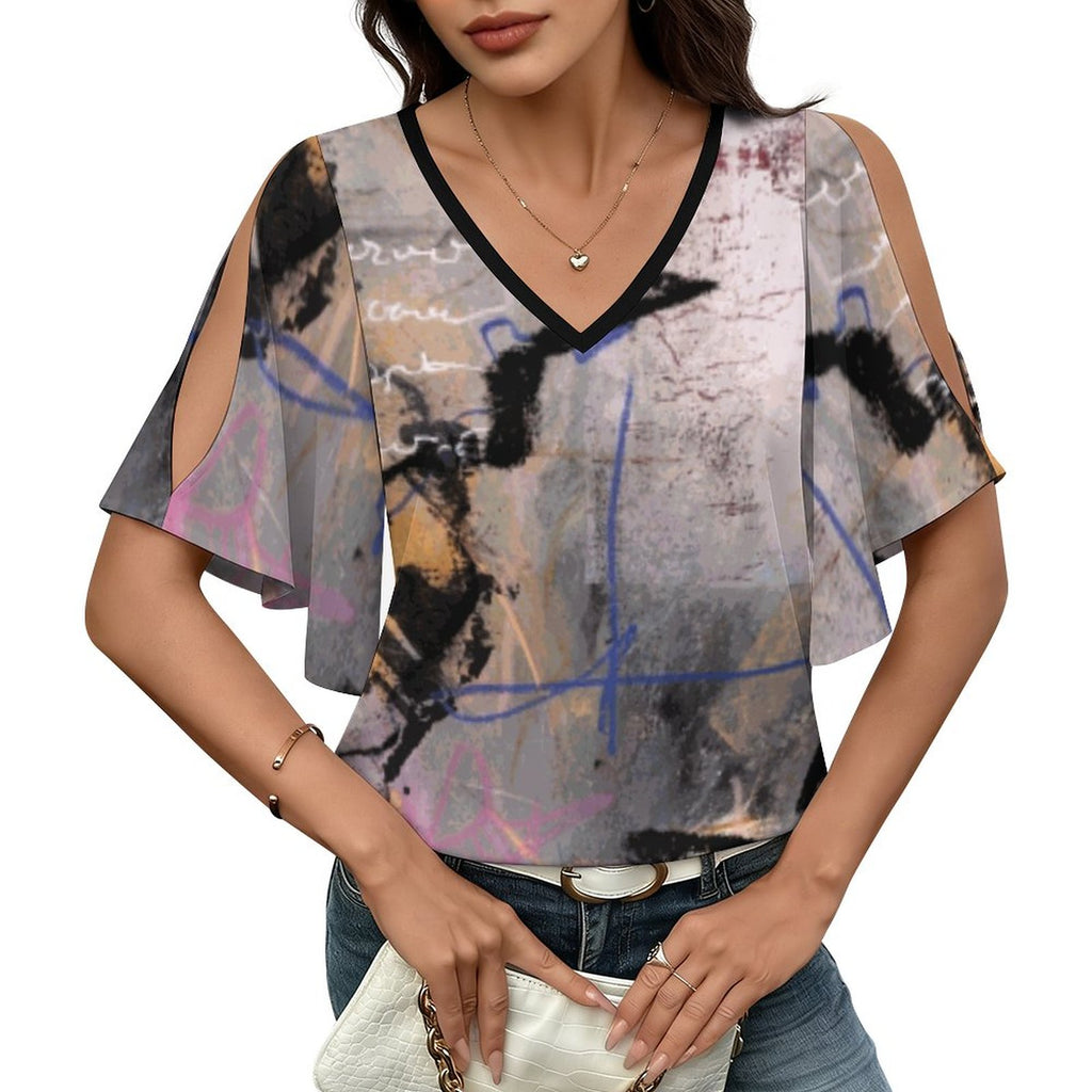 City Collection - Women's V-Neck Cold Shoulder Ruffled Sleeve Top