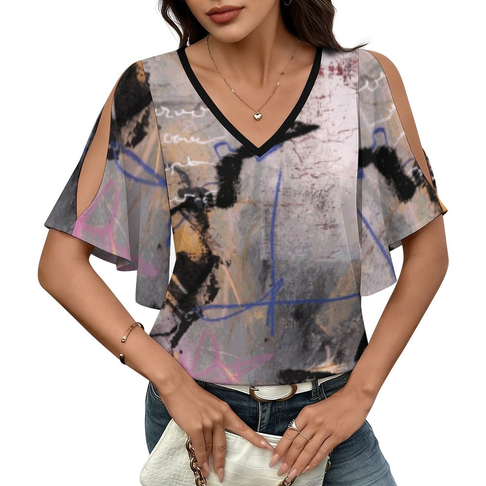 City Collection - Women's V-Neck Cold Shoulder Ruffled Sleeve Top