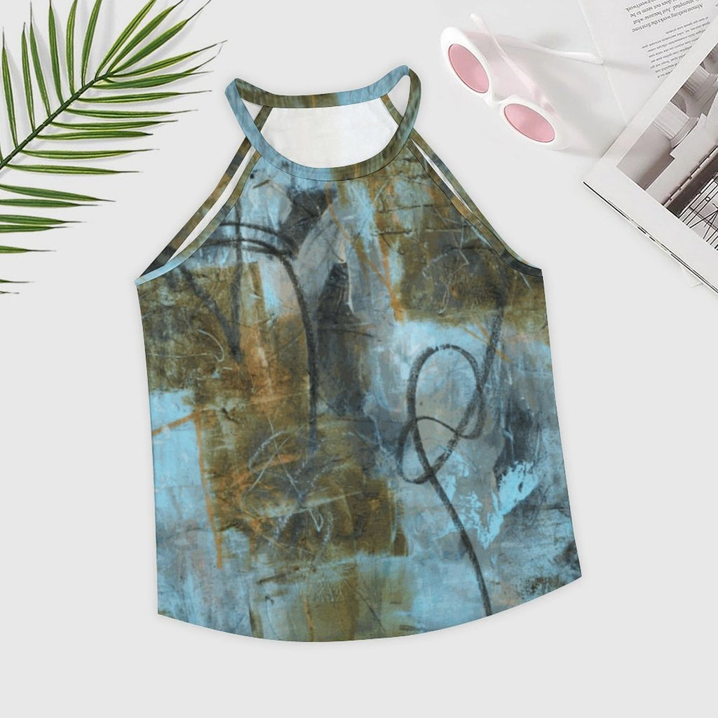 Blue Felt High Neck Ribbed Tank Top