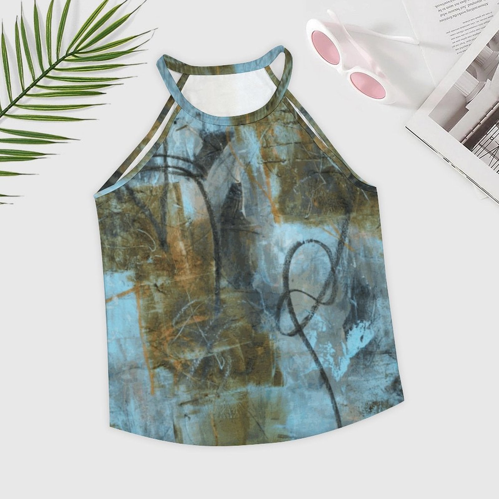 Blue Felt High Neck Ribbed Tank Top
