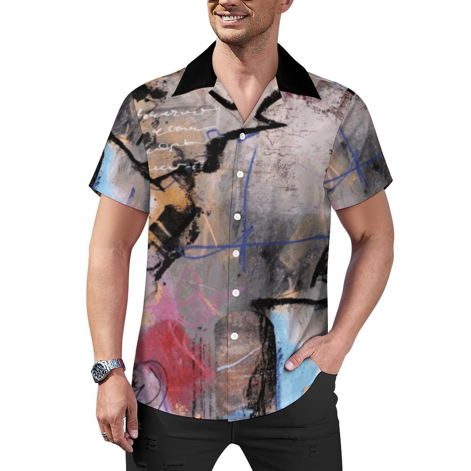 City Collection - Men's Cuban Collar Button Down Shirt (Crack)