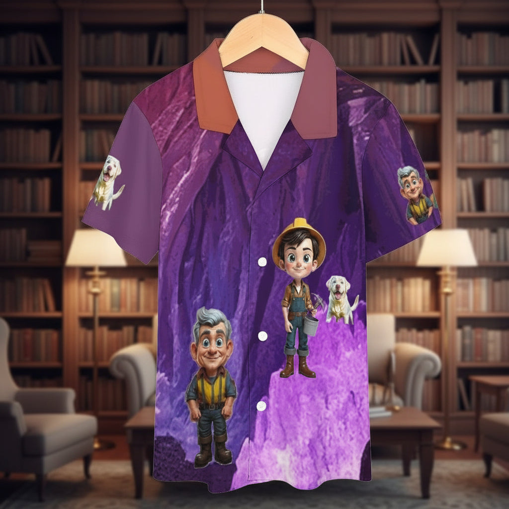 Purple shirt with cartoon characters on a hanger against a white background