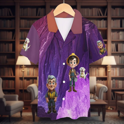 Purple shirt with cartoon characters on a hanger against a white background