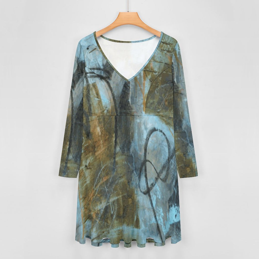 Plus Size V-neck Long Sleeve Dress(All-Over Printing)