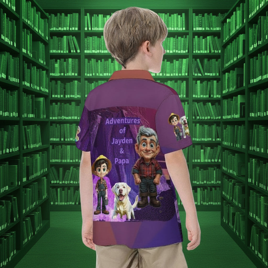 Child wearing a purple shirt with cartoon characters and text on a white background