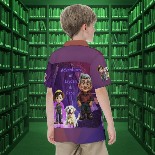 Child wearing a purple shirt with cartoon characters and text on a white background