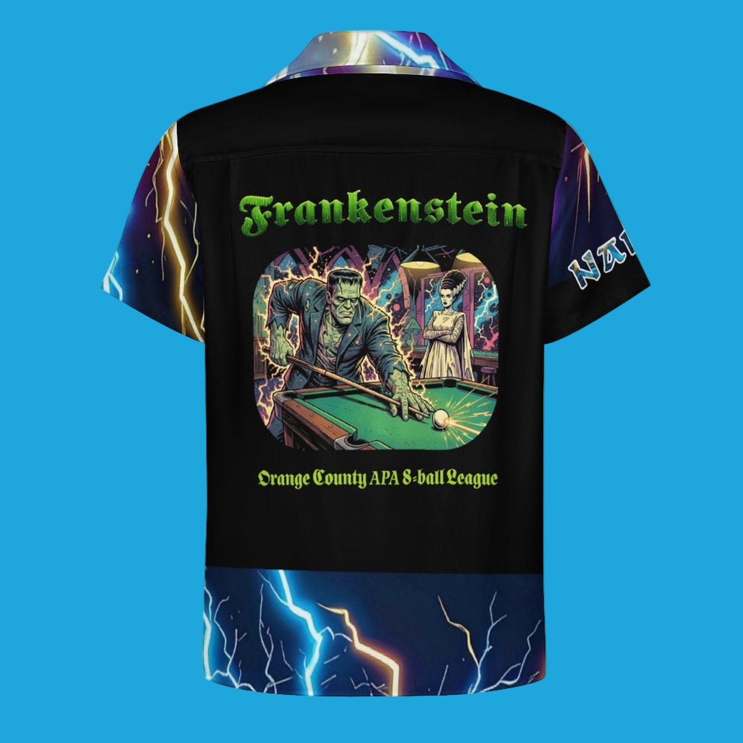 Black shirt with Frankenstein graphic and text on a blue background