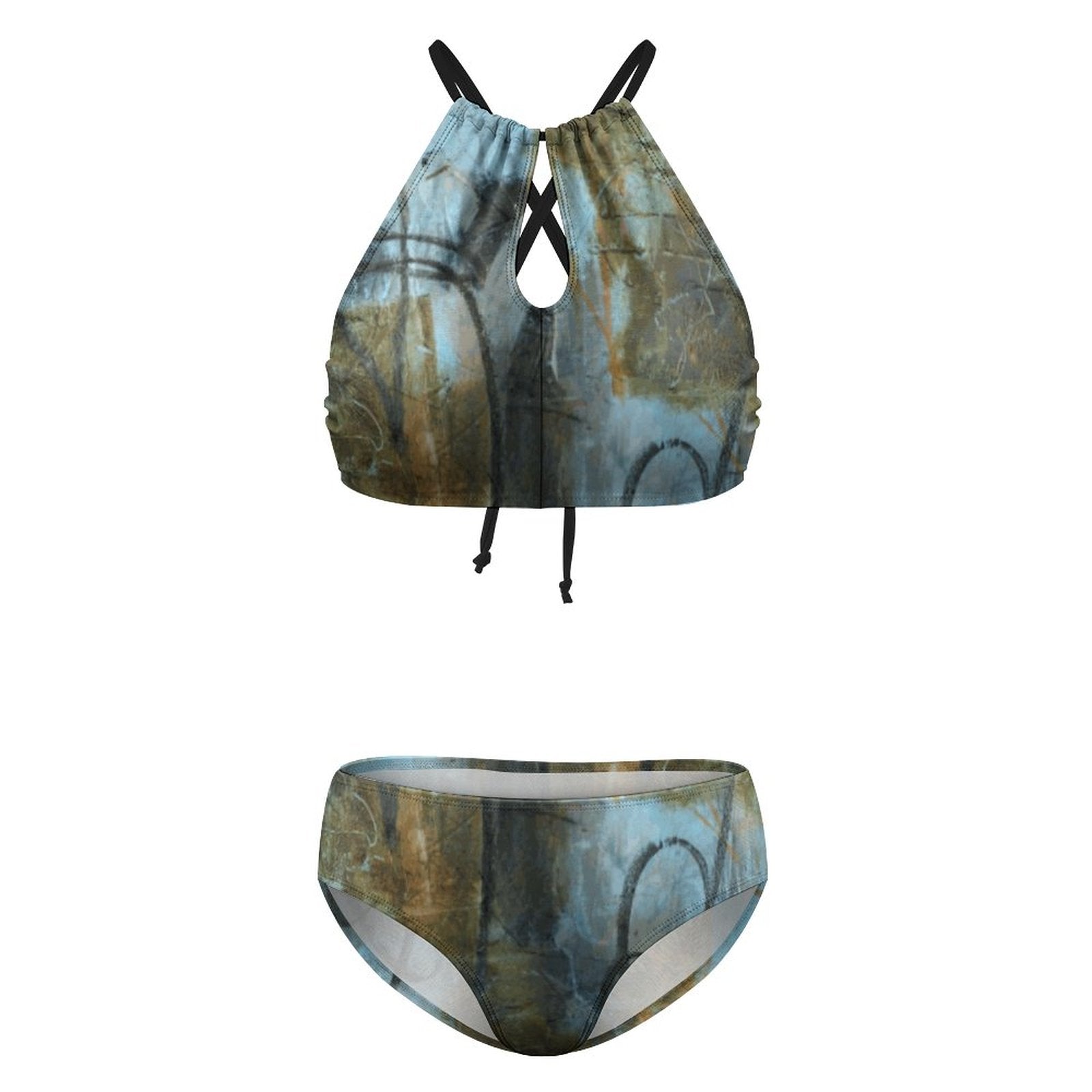 Women's Two piece Swimsuit with High Neck Halter Top(All-Over Printing)