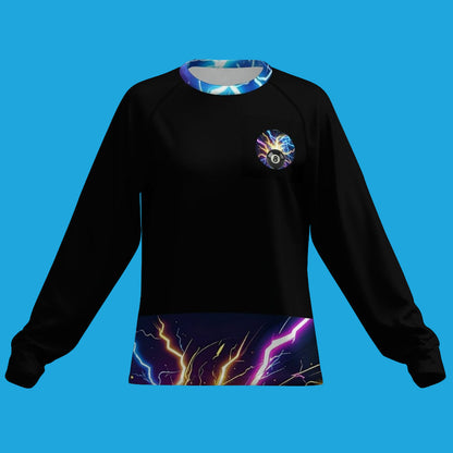 Black long-sleeve shirt with colorful designs on a white background