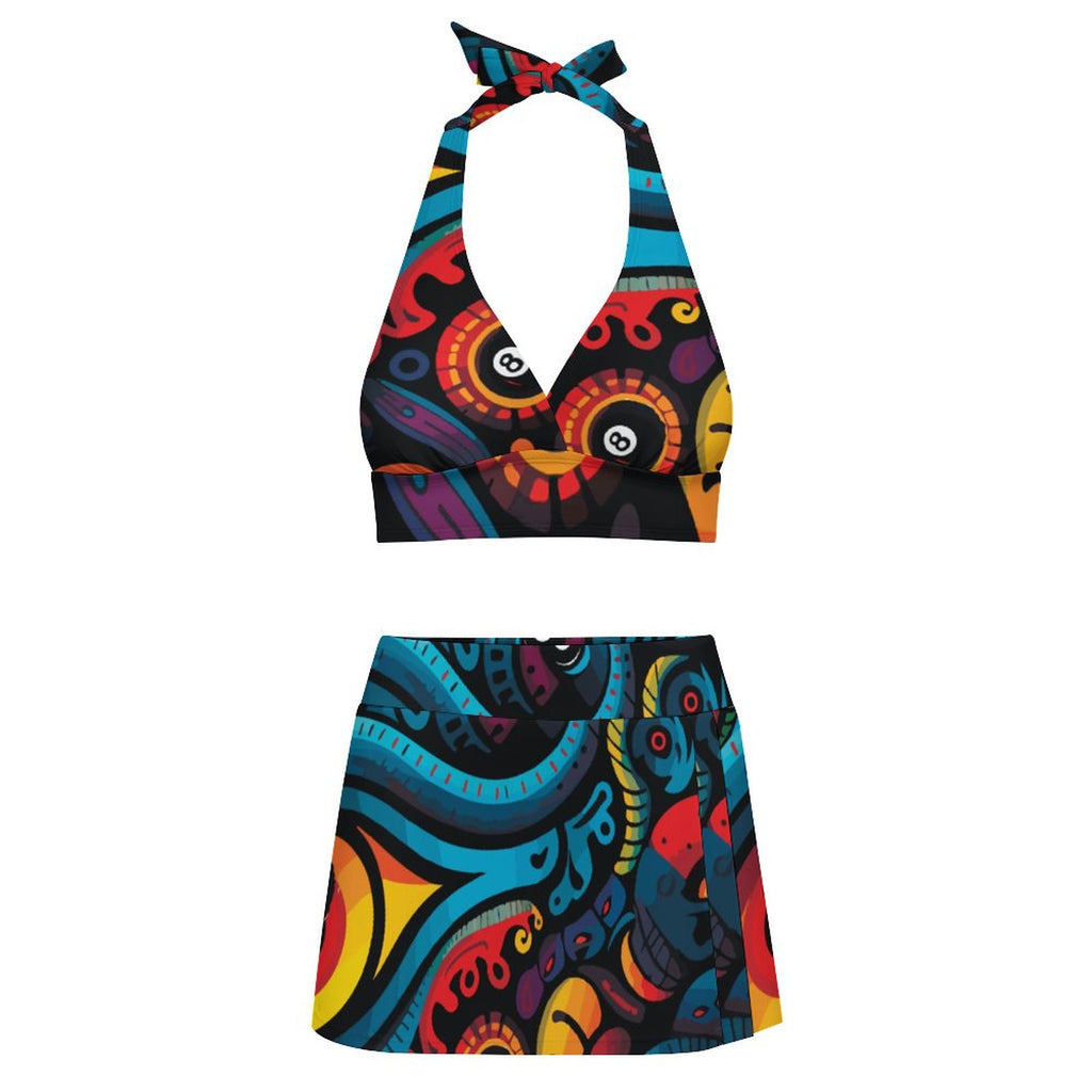 Lace-up Split Skirt Swimsuit Set(All-Over Printing)