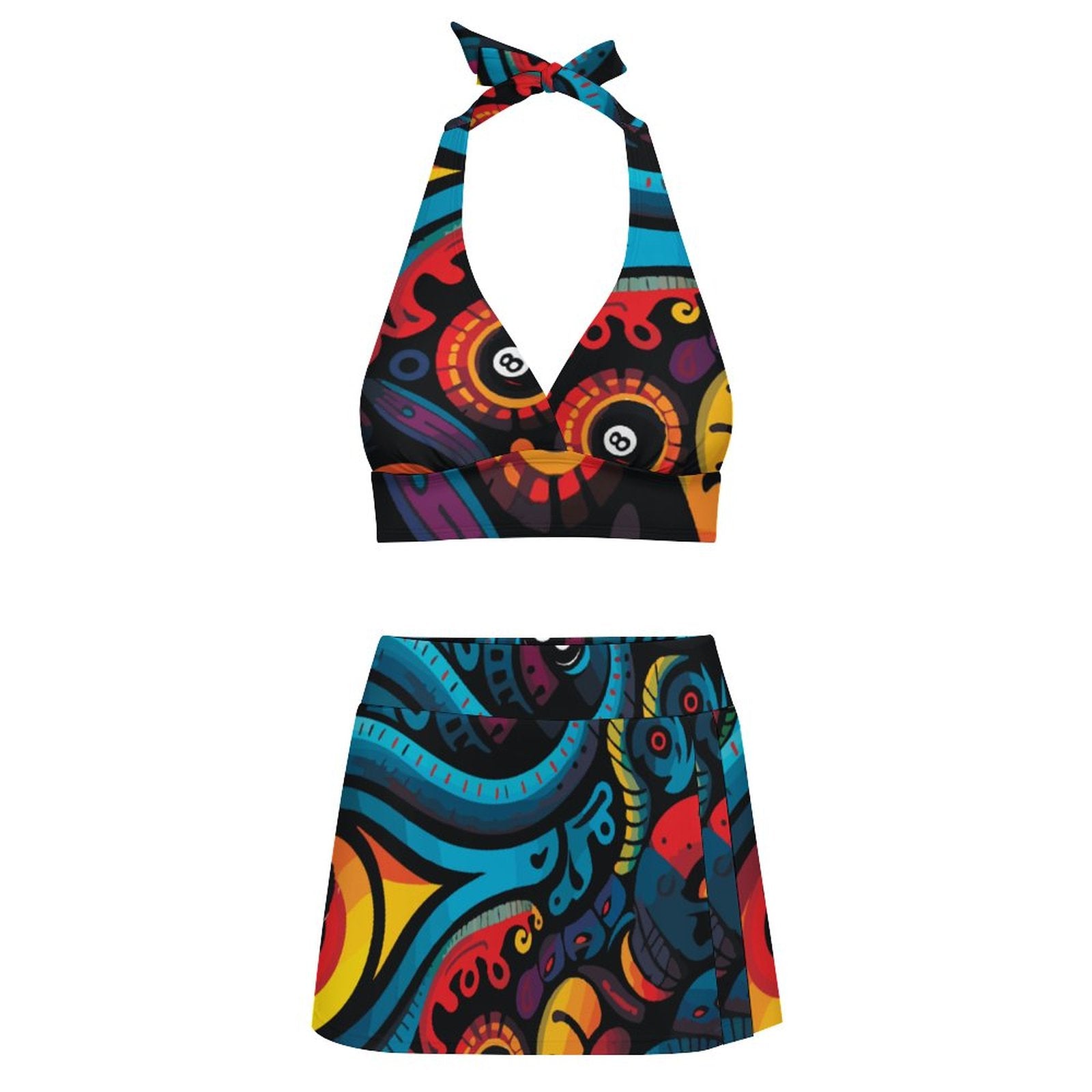 Lace-up Split Skirt Swimsuit Set(All-Over Printing)