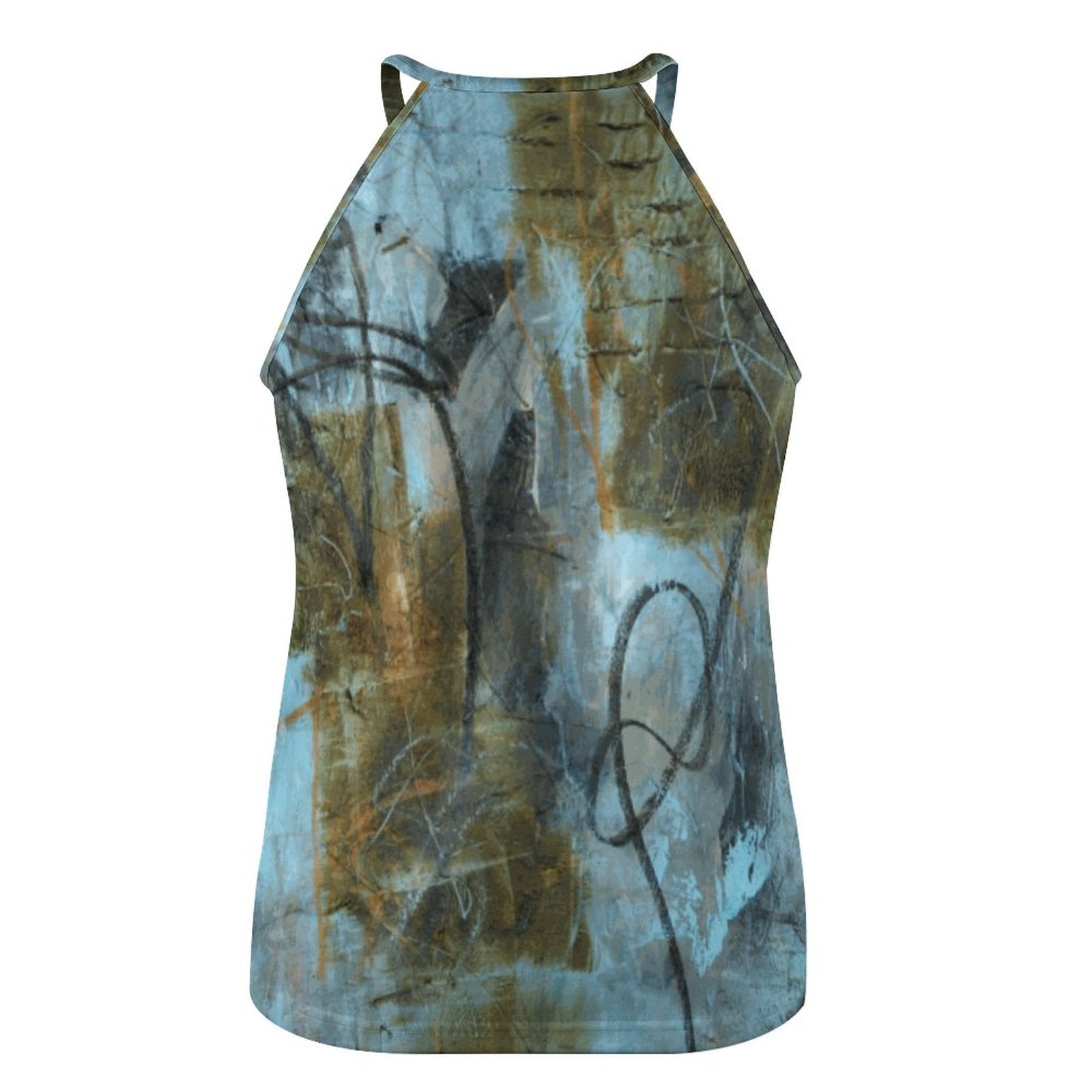 Blue Felt High Neck Ribbed Tank Top