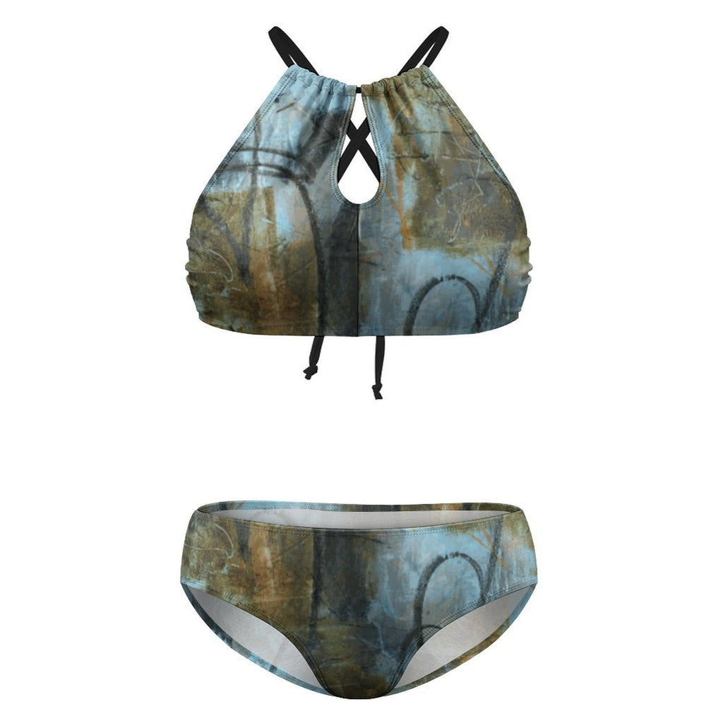 Plus Size Women's Two piece Swimsuit with High Neck Halter Top(All-Over Printing)