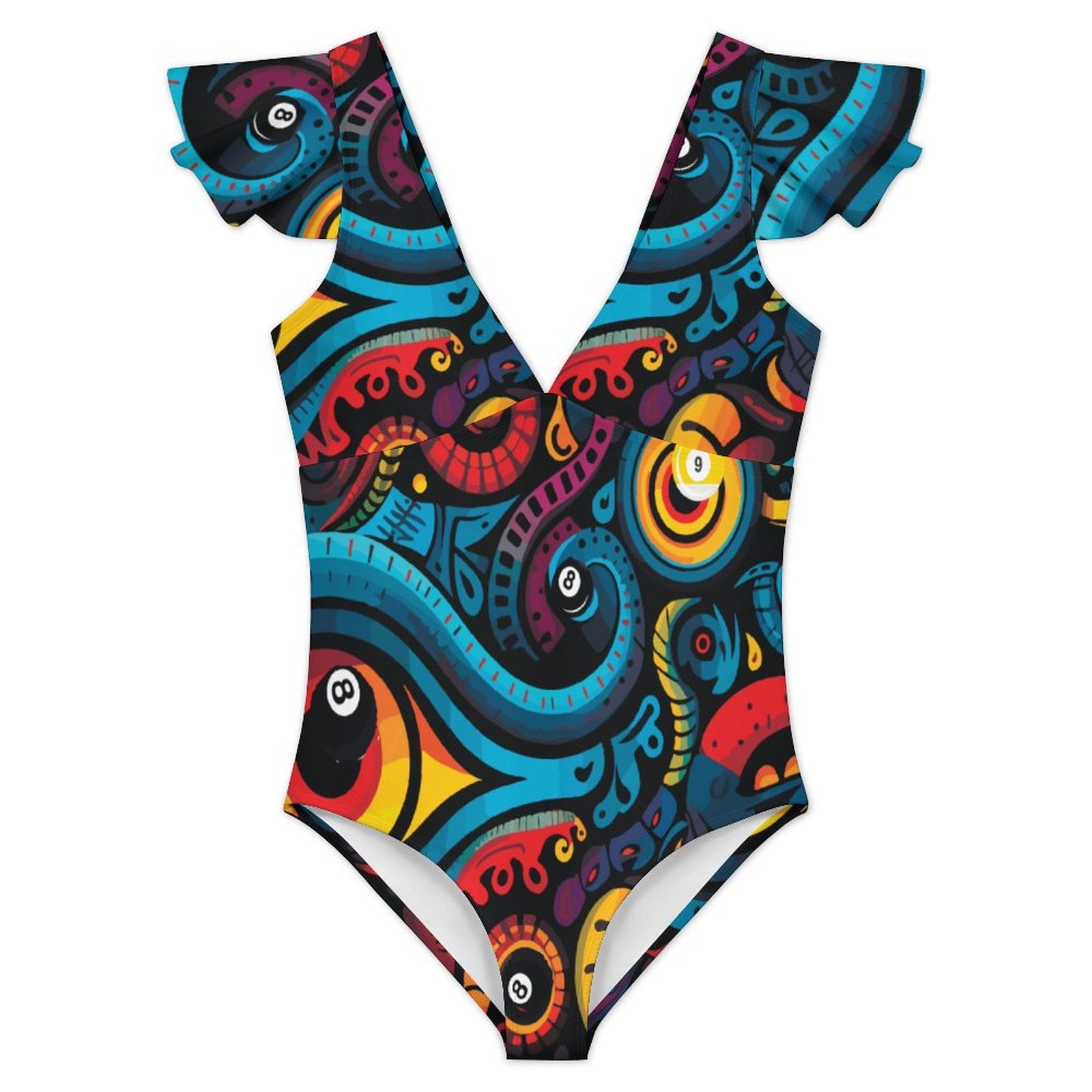 V Neck Flutter Sleeve One Piece Swimsuit(All-Over Printing)