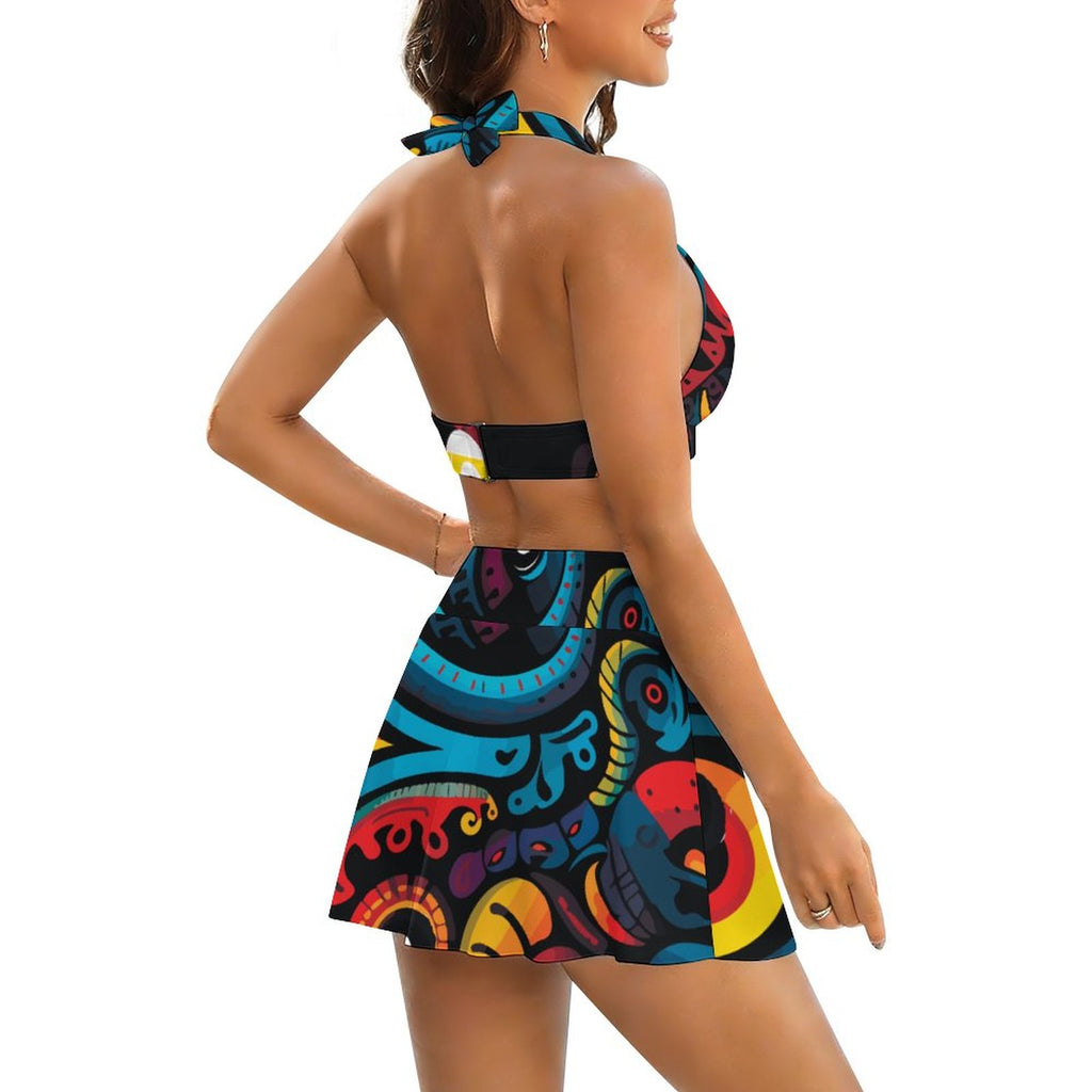 Lace-up Split Skirt Swimsuit Set(All-Over Printing)