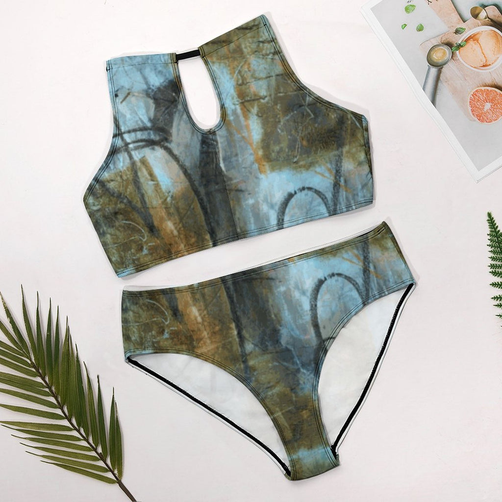 Women's Two piece Swimsuit with High Neck Halter Top(All-Over Printing)