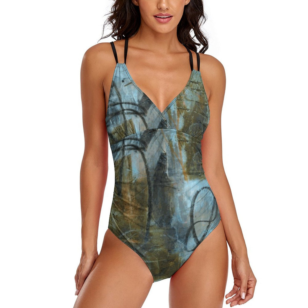 Women's One Piece Swimsuit Tummy Control V Neck Swimwear(All-Over Printing)