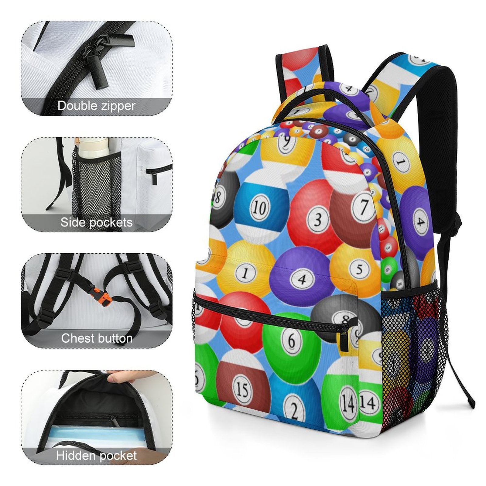 Pool Balls Collection: Durable Children's School Backpacks(2 Sites)