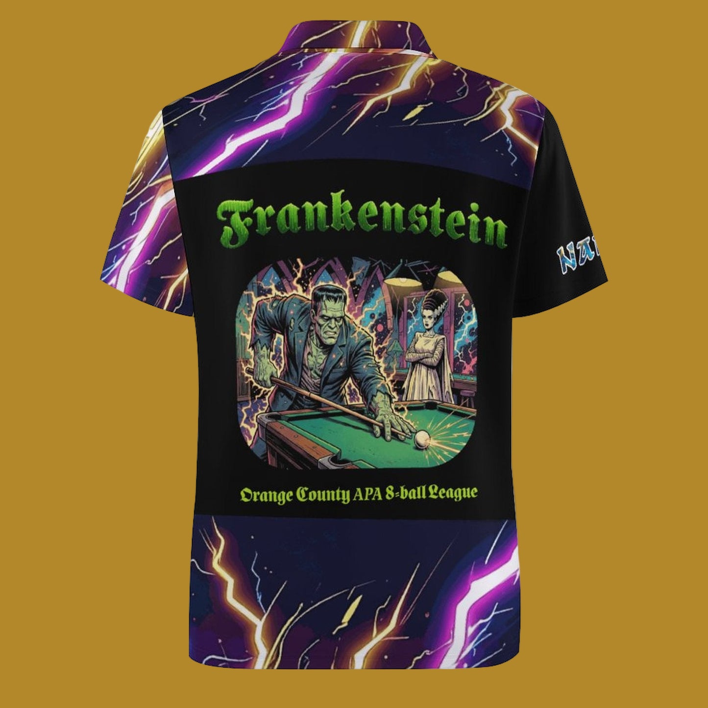 Shirt with Frankenstein graphic and pool table design on a white background
