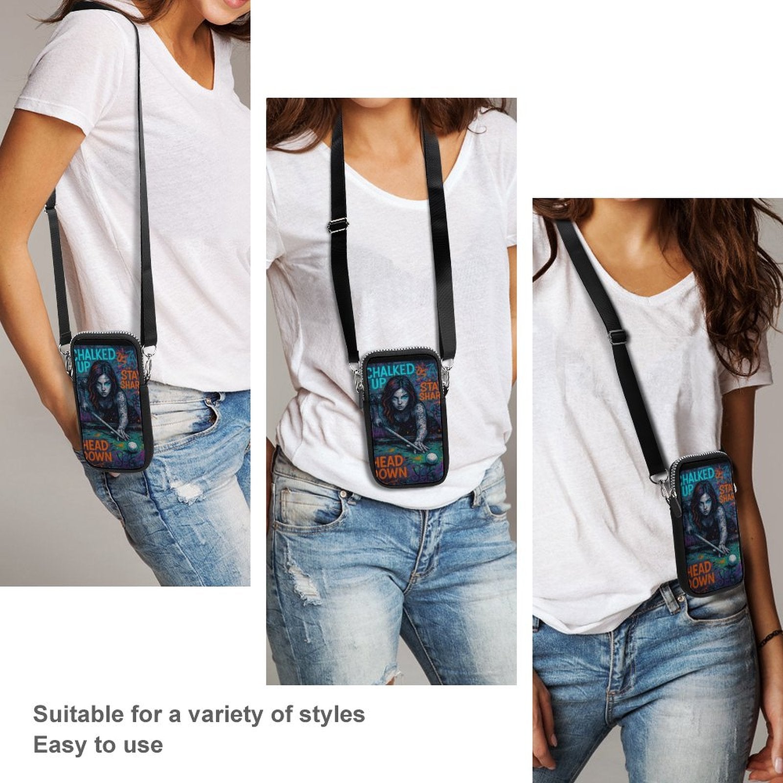 “Chalked Up” Billiards Cell Phone Crossbody Bag – Neoprene, Lightweight with Detachable Strap