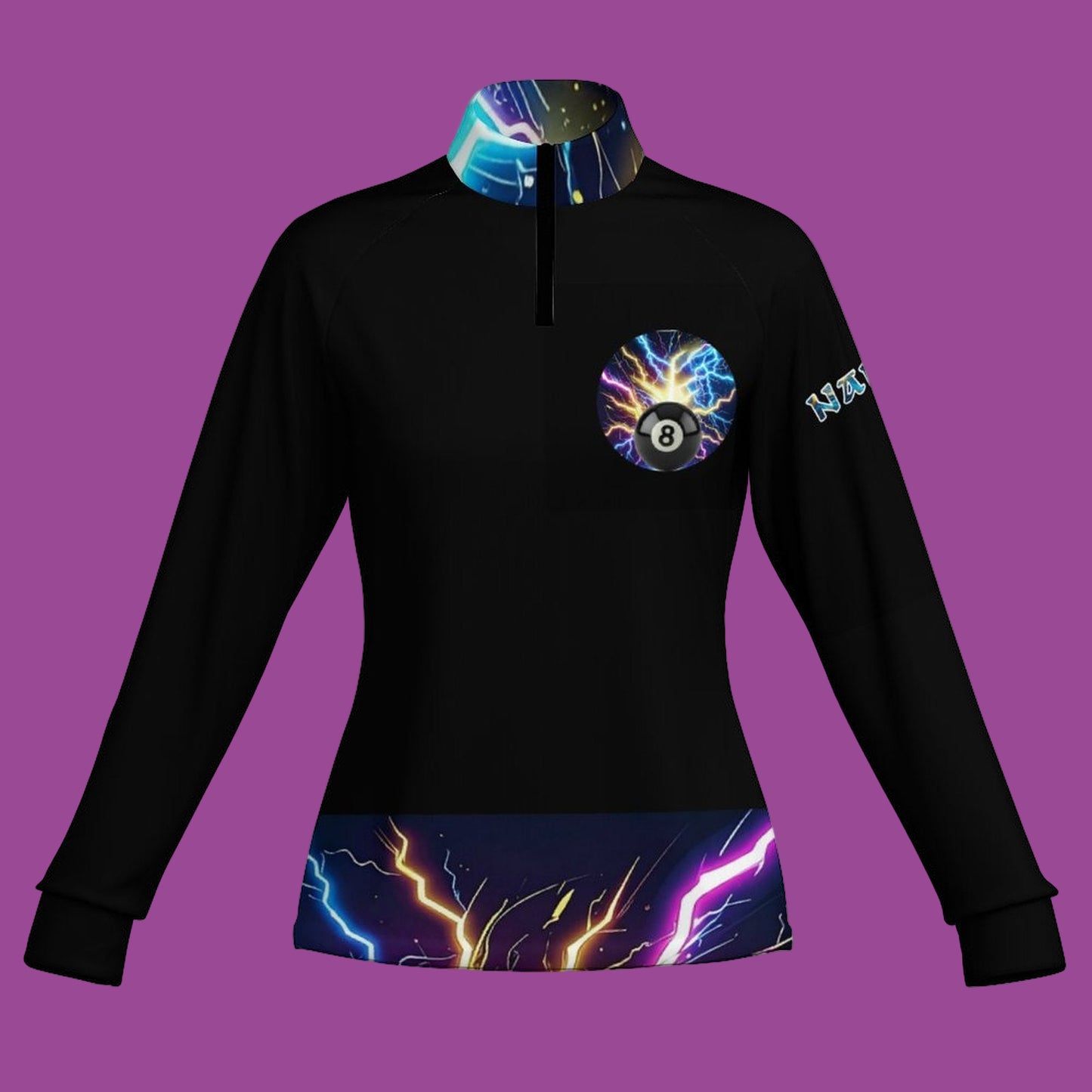 Black sweatshirt with colorful designs on a white background