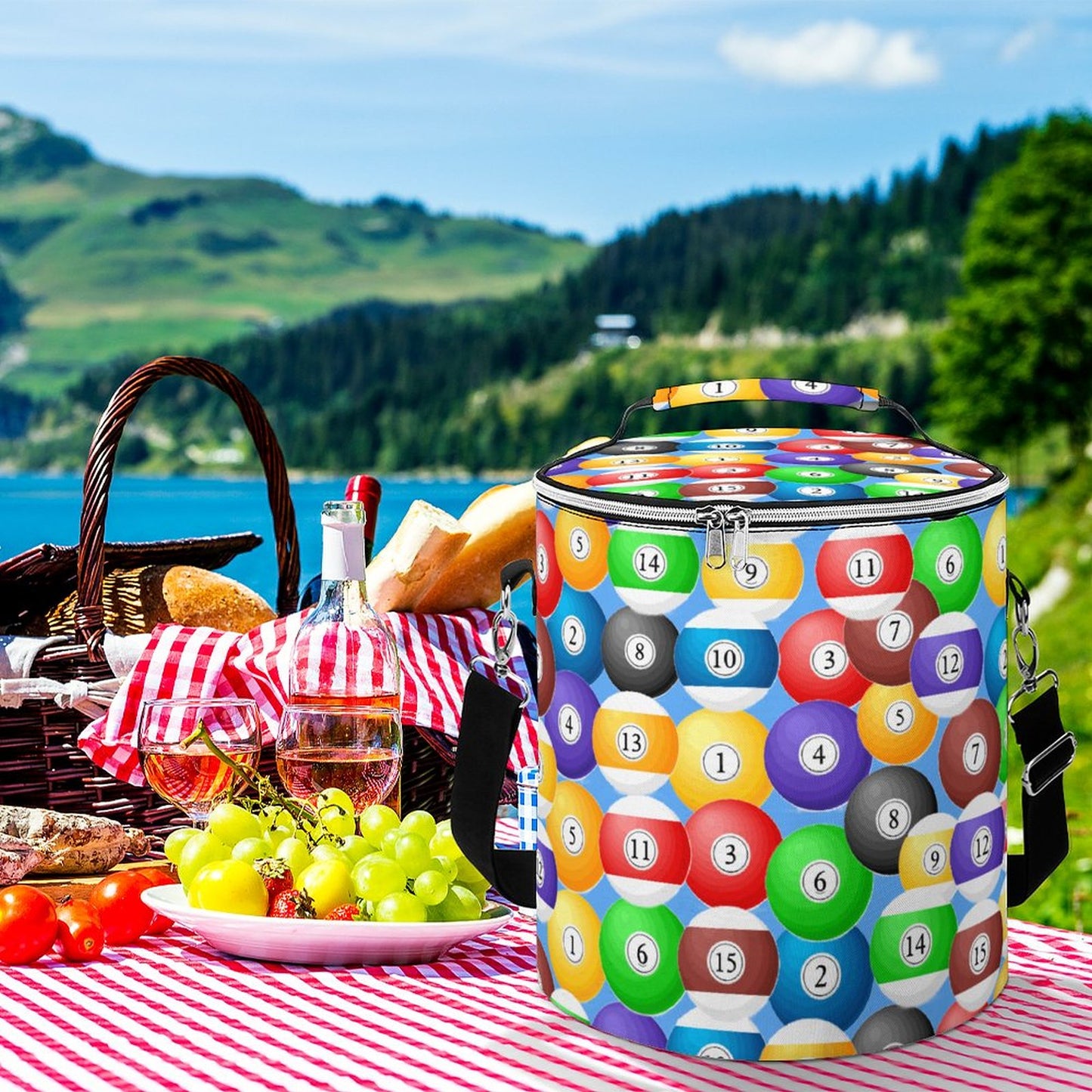 Round Collapsible Insulated Cooler Bag with Shoulder Strap(All-Over Printing)