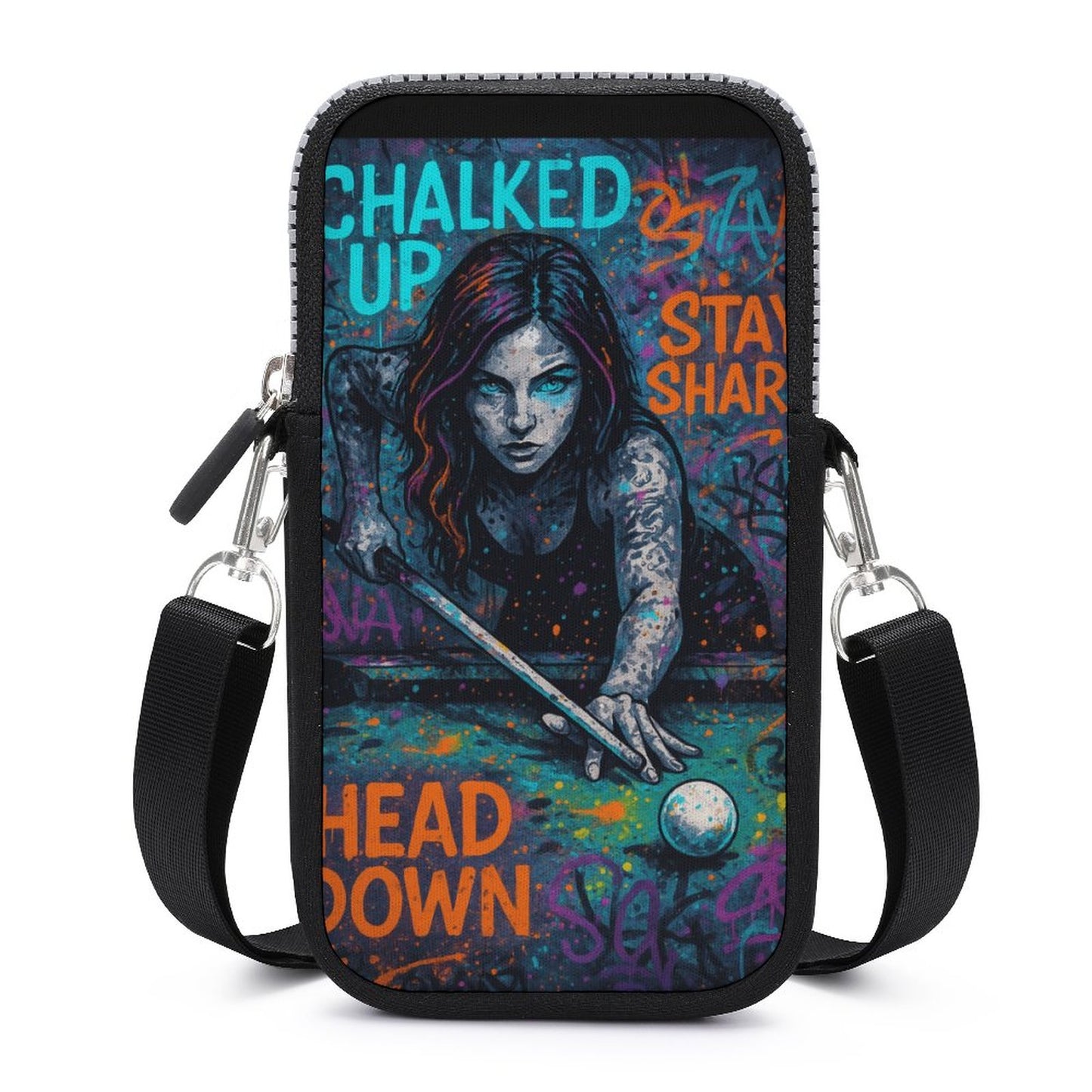 “Chalked Up” Billiards Cell Phone Crossbody Bag – Neoprene, Lightweight with Detachable Strap