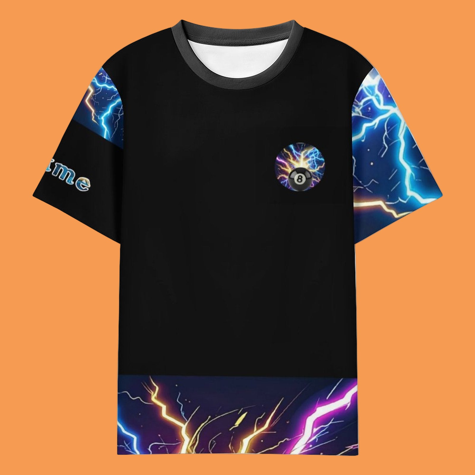 Black t-shirt with colorful lightning designs on sleeves and bottom edge, featuring a 8-ball graphic.