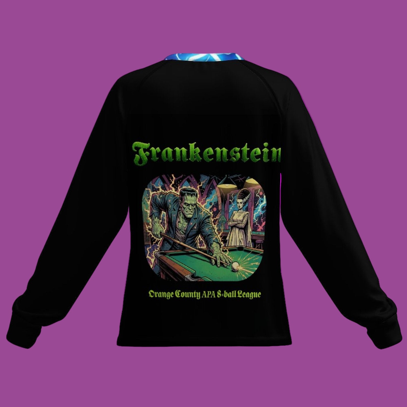 Black long-sleeve shirt with 'Frankenstein' graphic and text on a white background