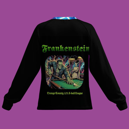 Black long-sleeve shirt with 'Frankenstein' graphic and text on a white background
