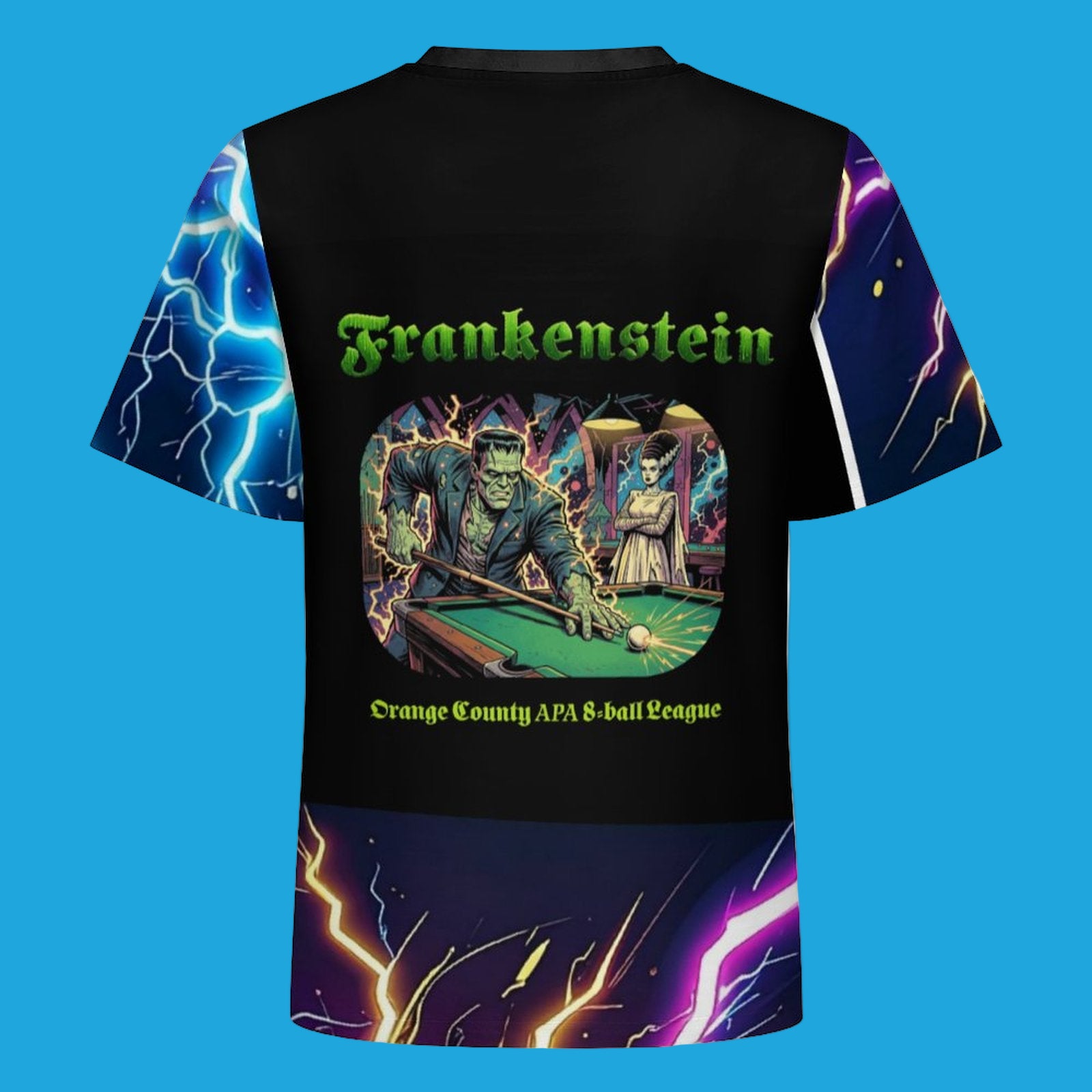 T-shirt with Frankenstein graphic and pool table design on a black background