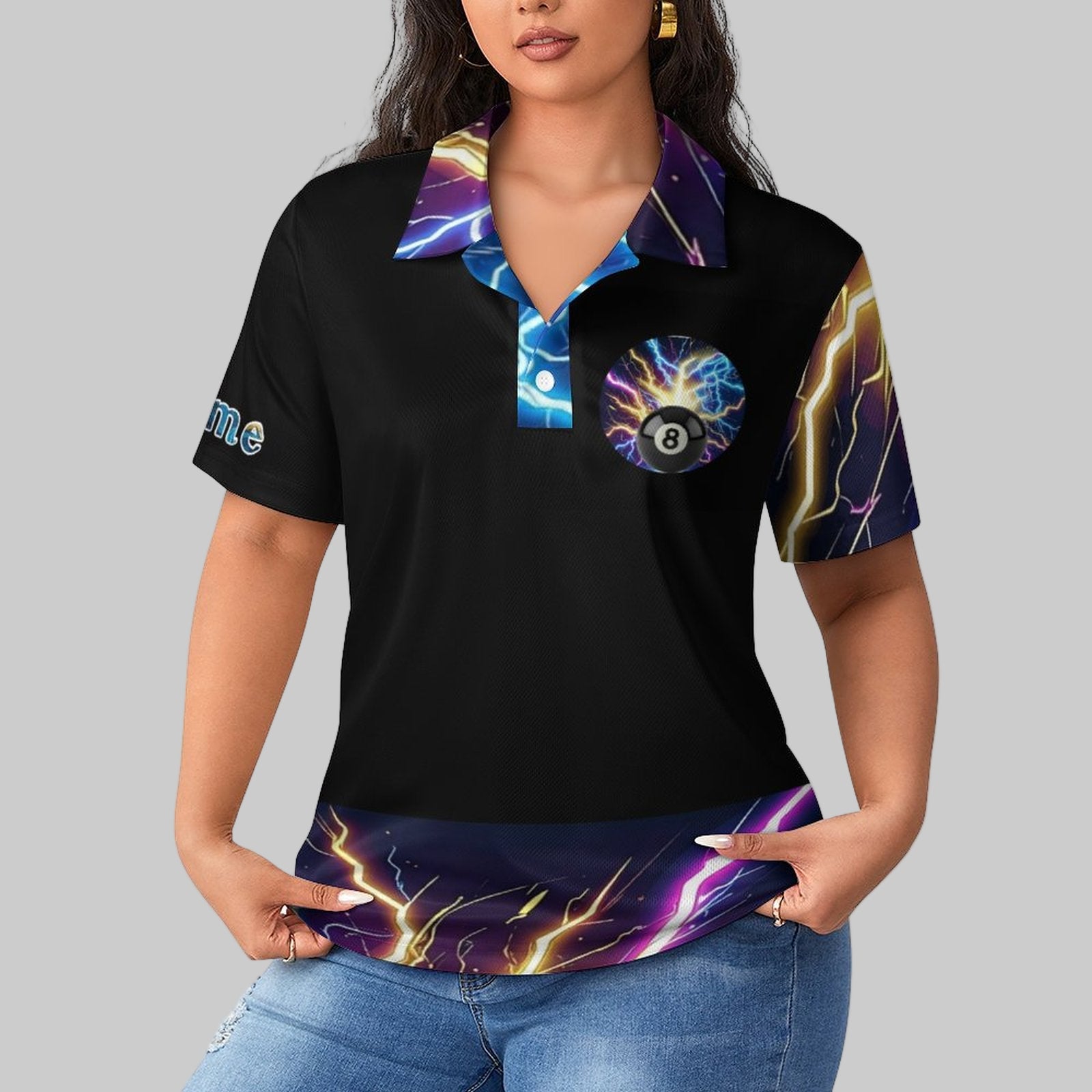 Black polo shirt with colorful designs on a white background