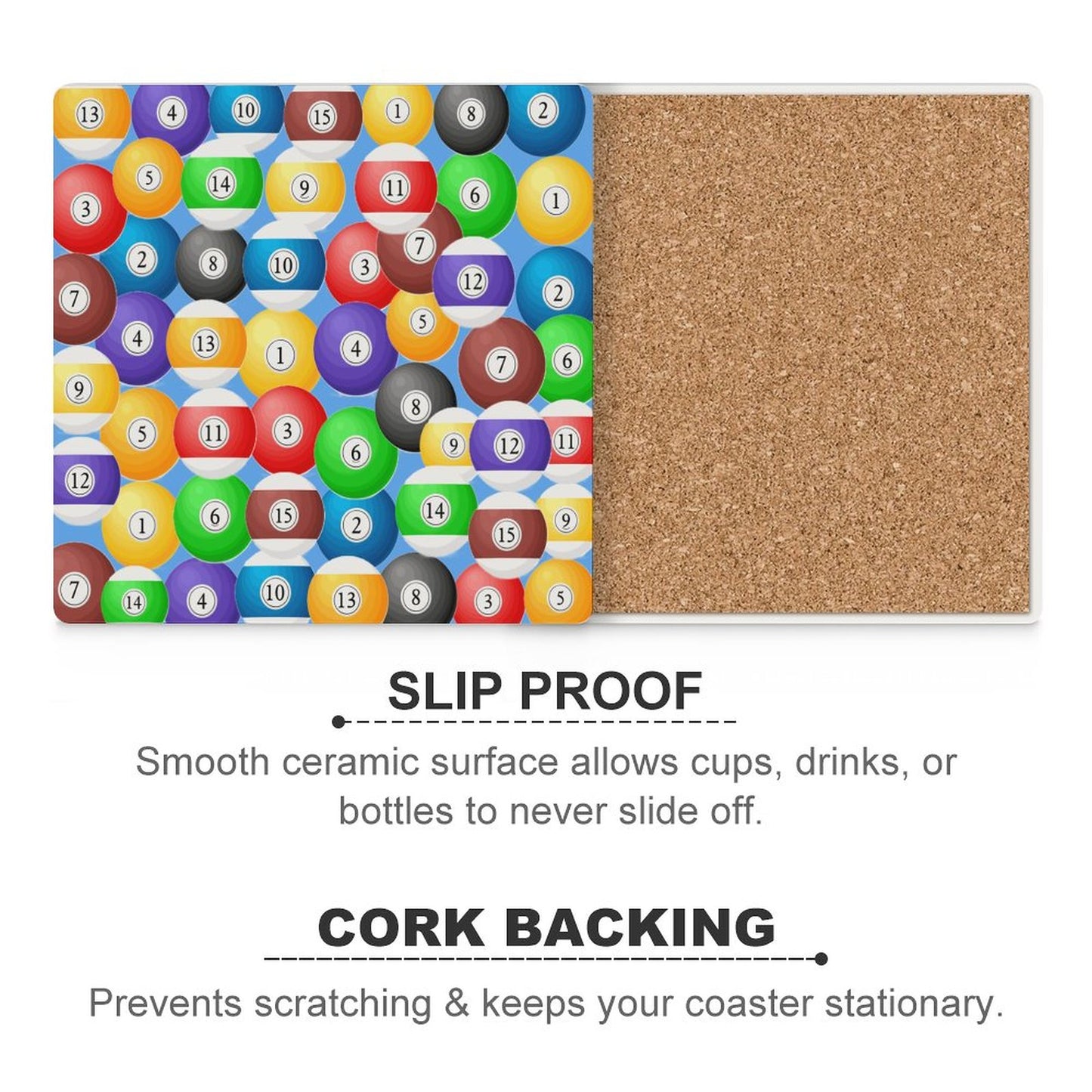 Poolball Square Ceramic Coaster – Cork-Backed Drink Coaster