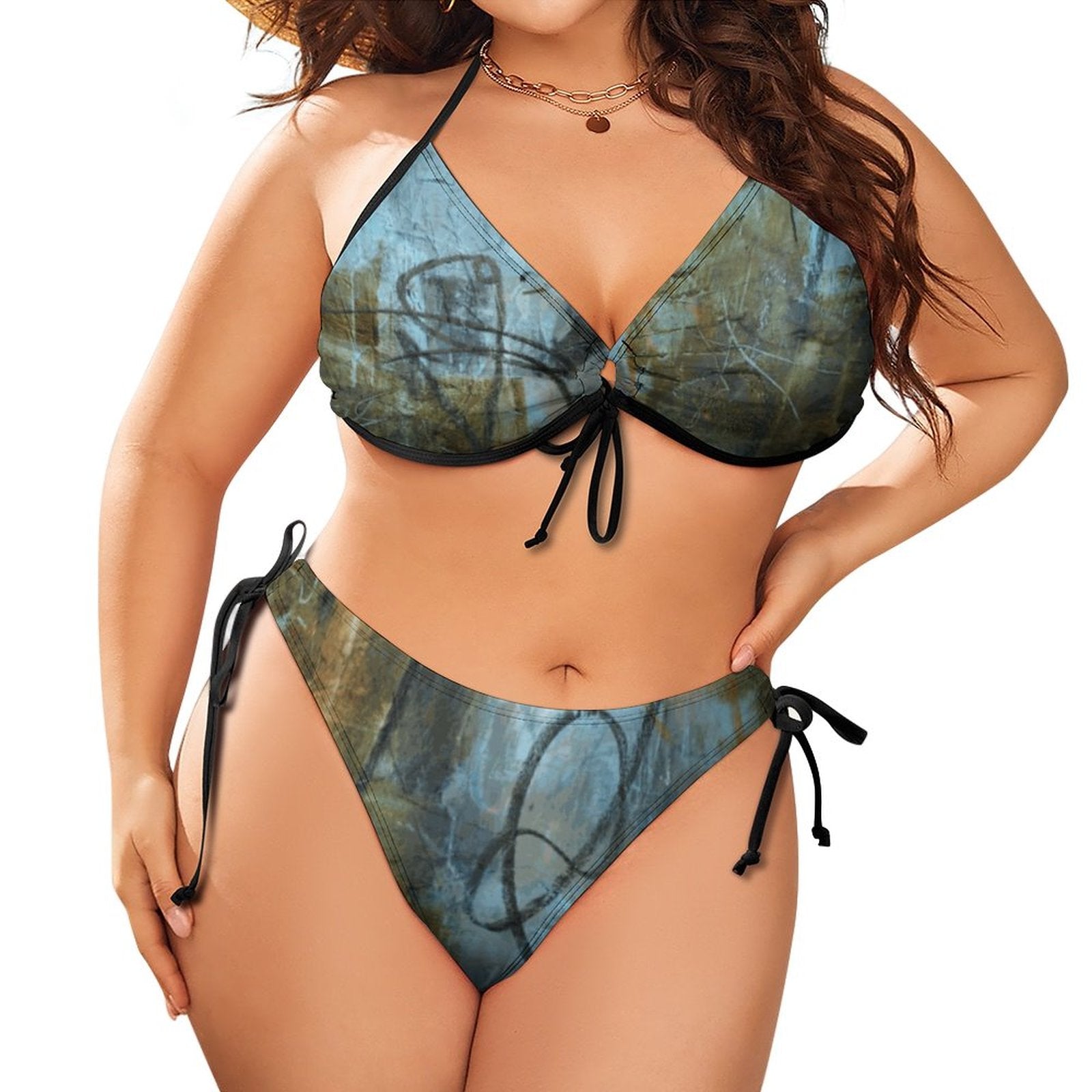 Plus Size Halter Tie Front Bikini Set(All-Over Printing)