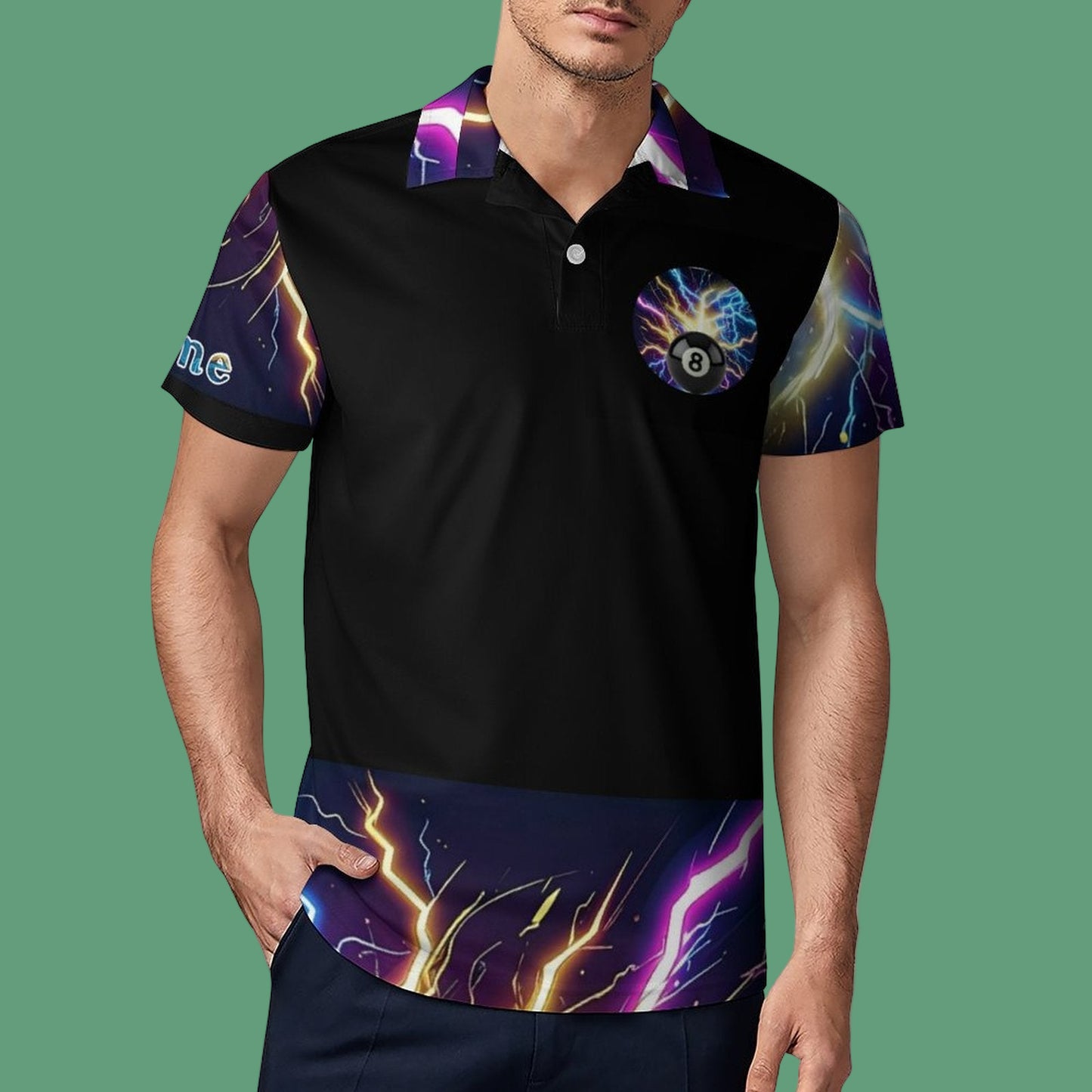 Black polo shirt with colorful abstract designs on a white background