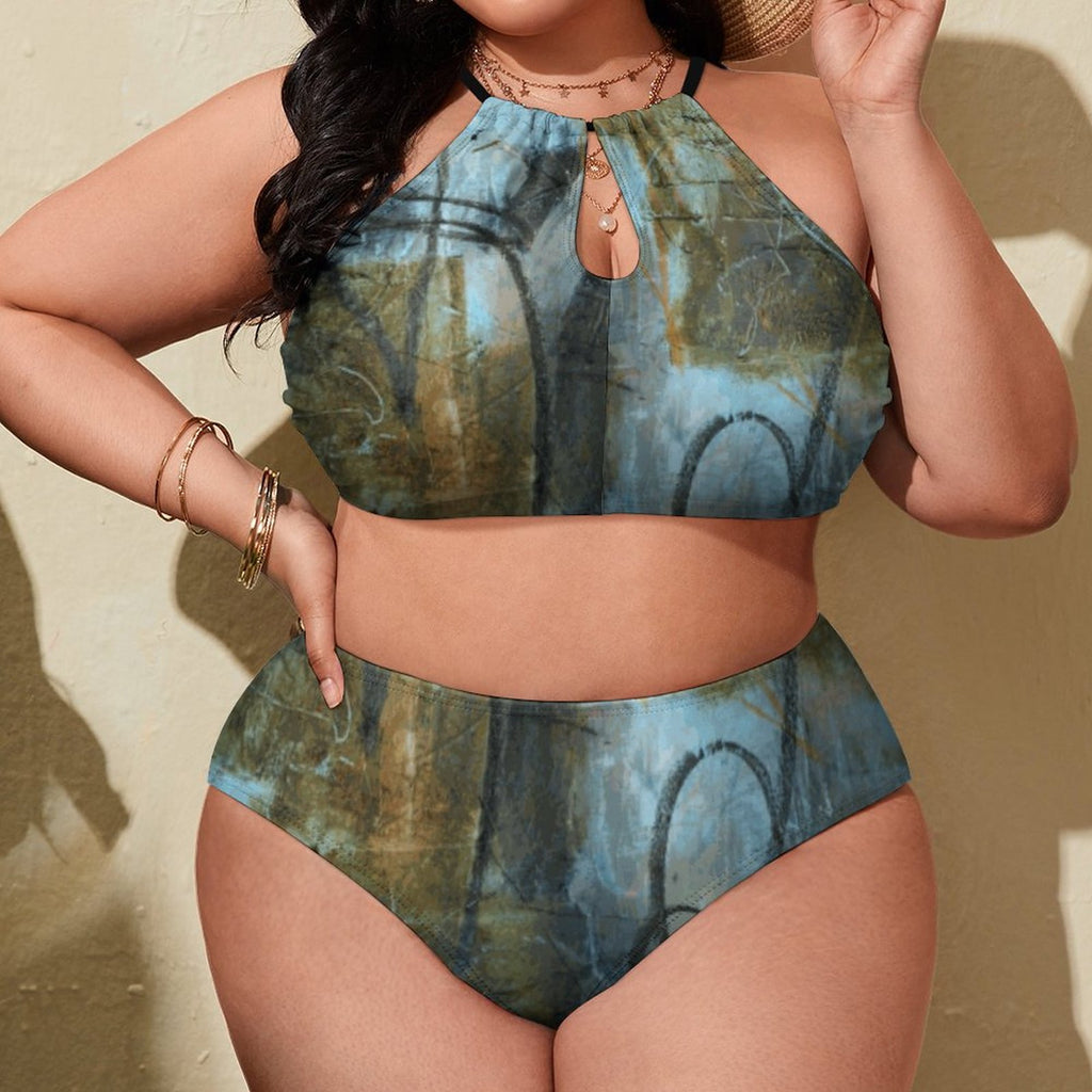 Plus Size Women's Two piece Swimsuit with High Neck Halter Top(All-Over Printing)