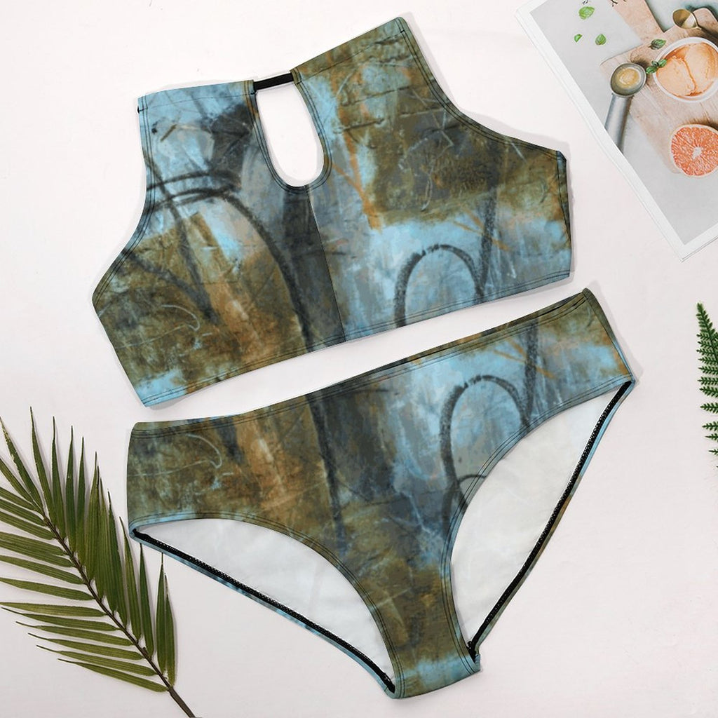 Plus Size Women's Two piece Swimsuit with High Neck Halter Top(All-Over Printing)