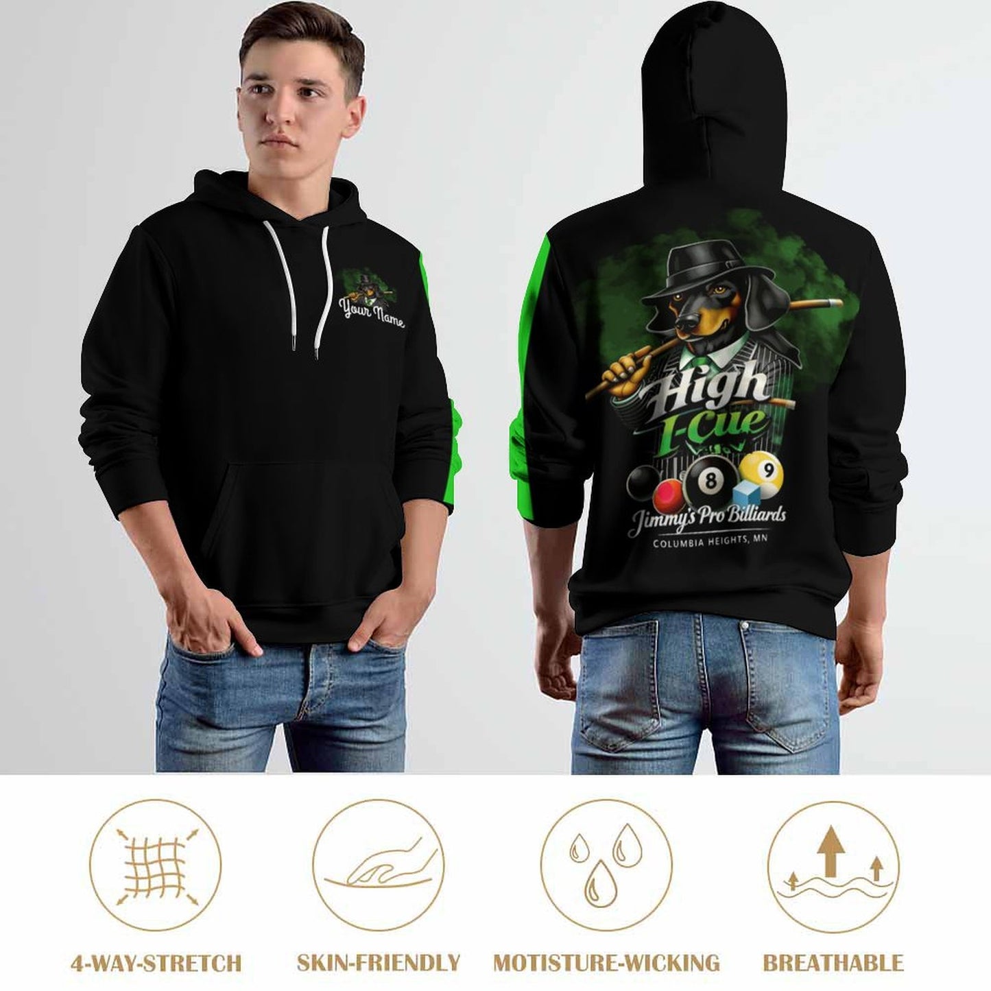 High I-Cue MN  Cool Unisex Hoodie with Double-layer Cap and Green Stripe On Sleeve