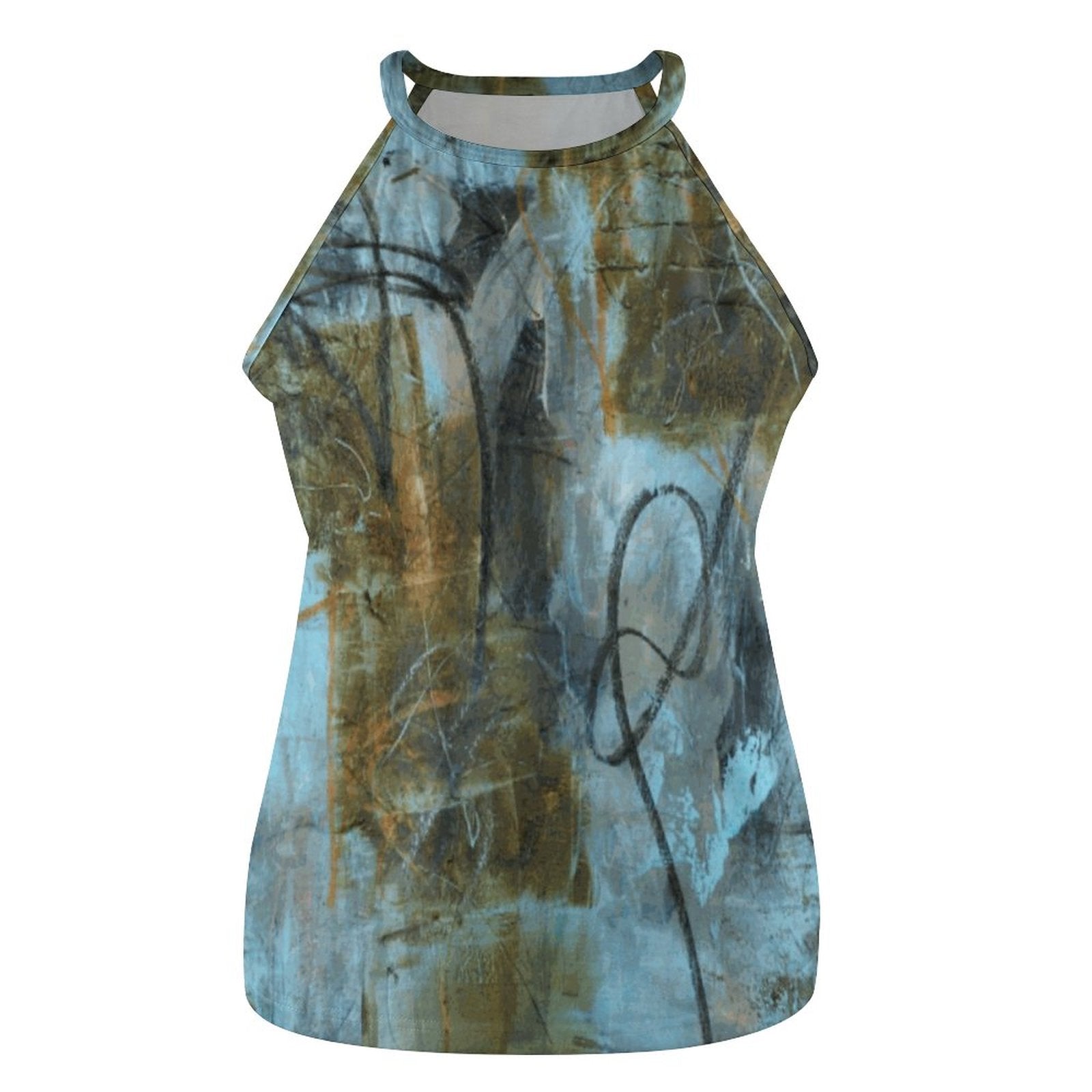 Blue Felt High Neck Ribbed Tank Top