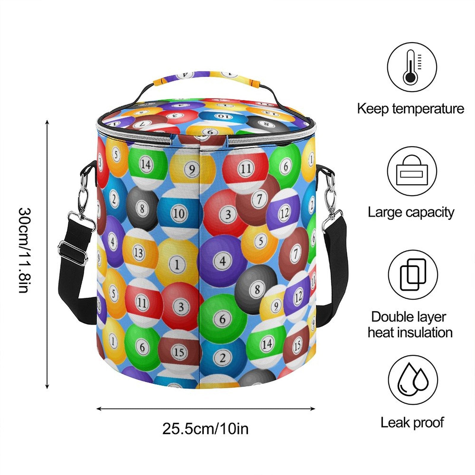 Pool Balls Collection: Round Collapsible Insulated Cooler Bag with Shoulder Strap