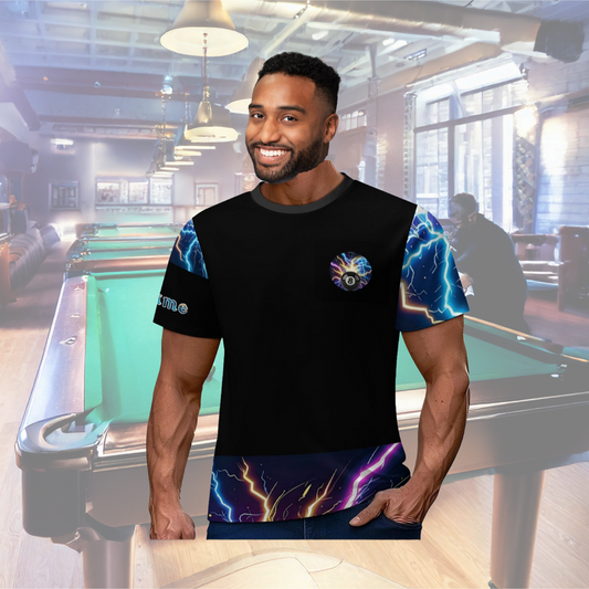 Man wearing a black t-shirt with colorful designs in a pool hall setting