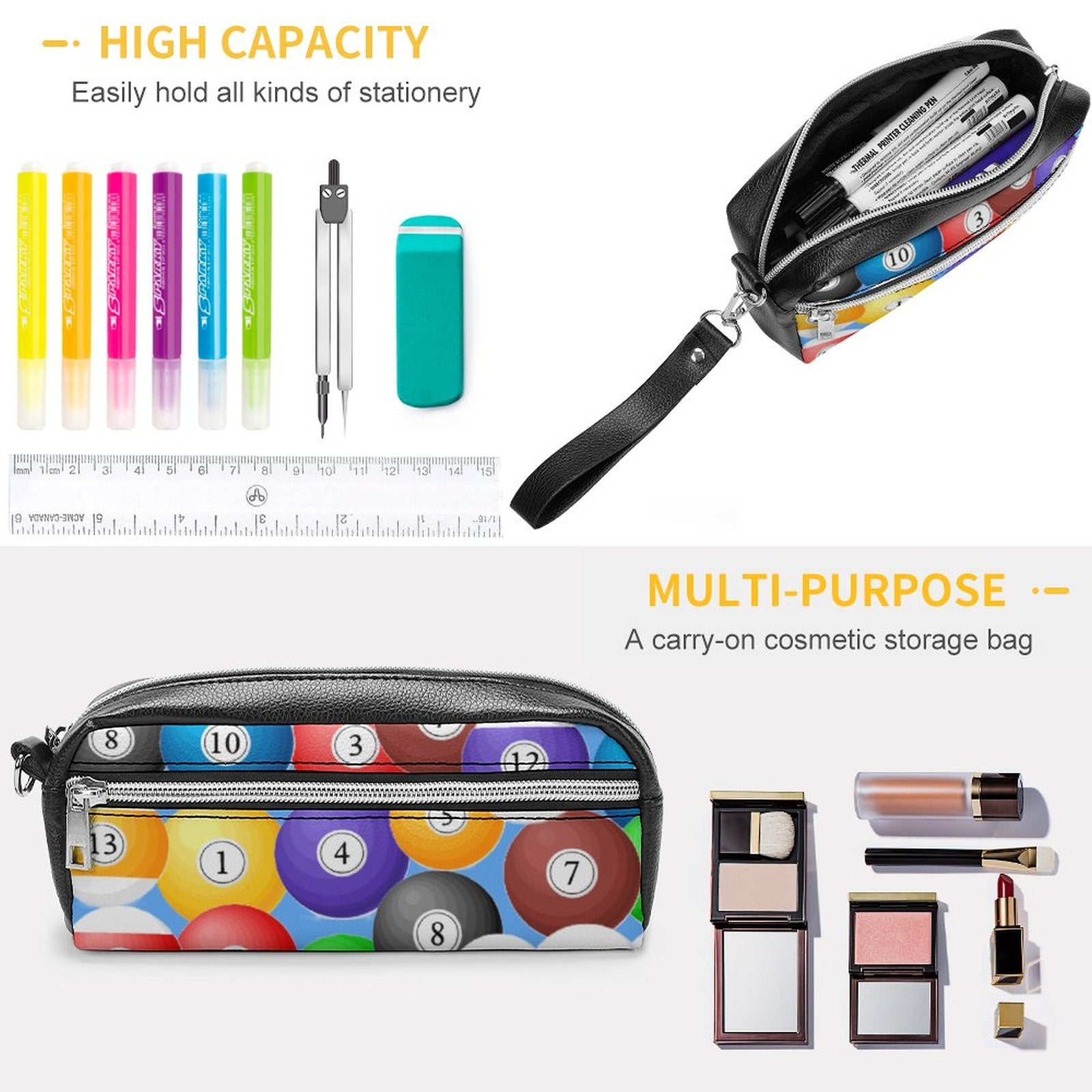 Pool Balls Collection: Versatile Cosmetic Bag & Pencil Case Pouch