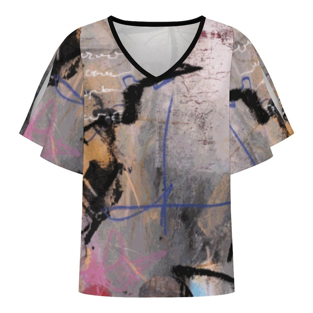 City Collection - Women's V-Neck Cold Shoulder Ruffled Sleeve Top