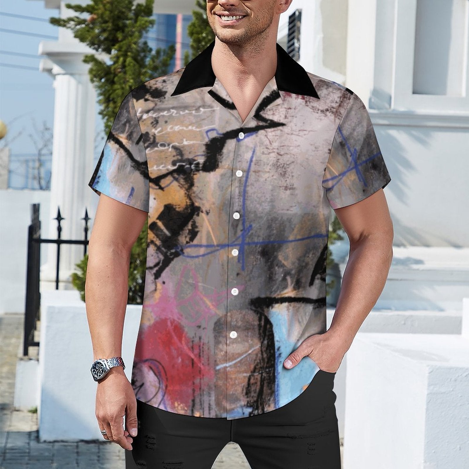 City Collection - Men's Cuban Collar Button Down Shirt (Crack)