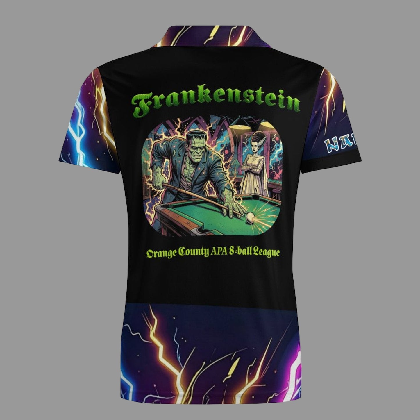 T-shirt with Frankenstein graphic and text on a gray background