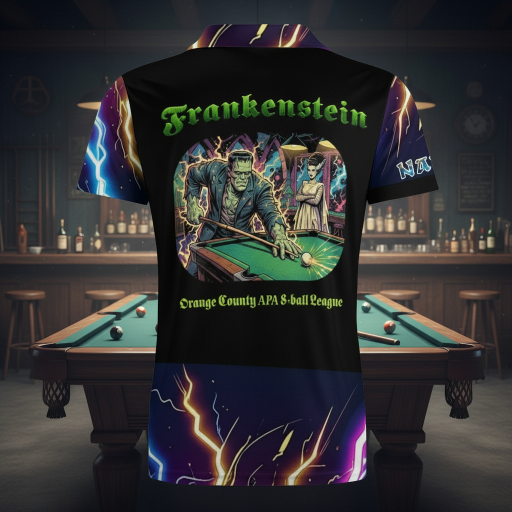 T-shirt with Frankenstein graphic and pool table design on a black background