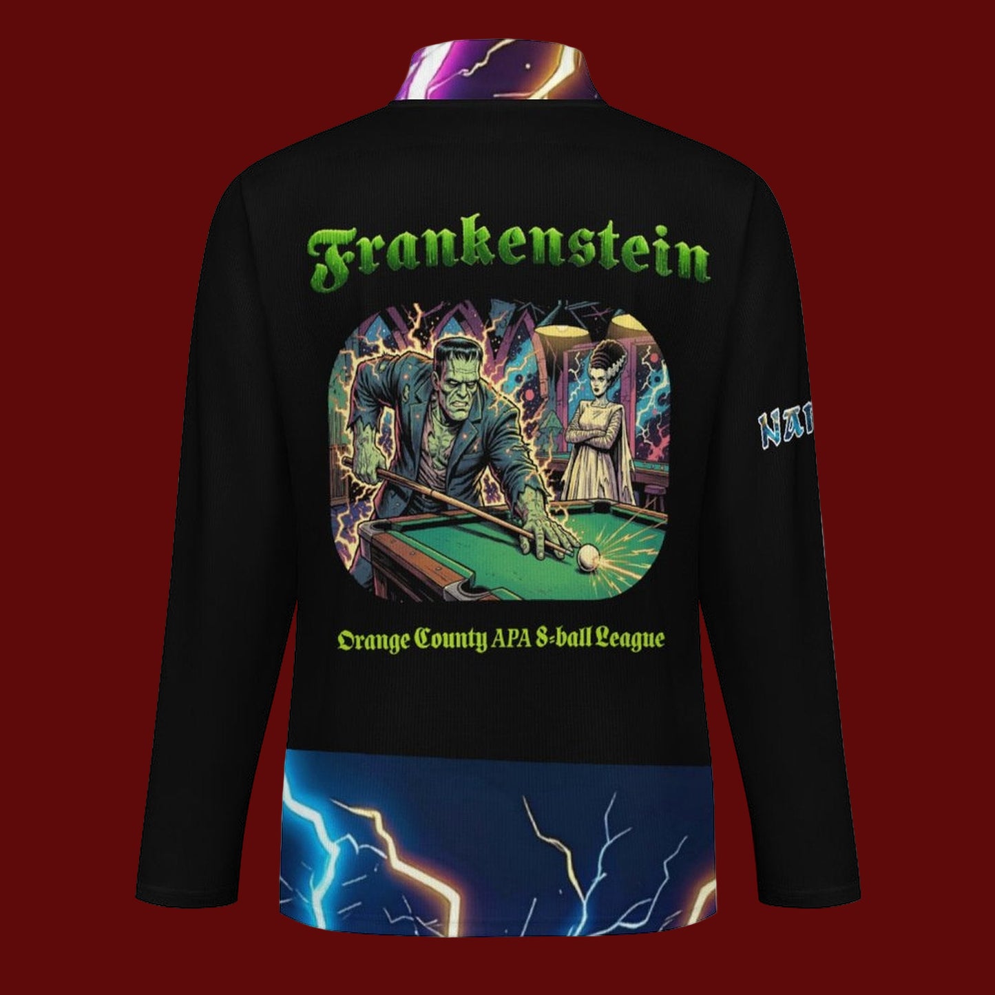 Black shirt with Frankenstein graphic and pool table design on a white background