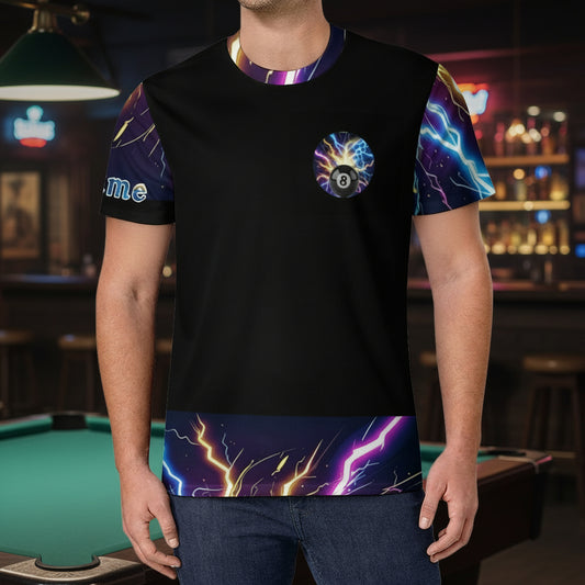 Black t-shirt with colorful designs on sleeves and bottom, worn by a person.